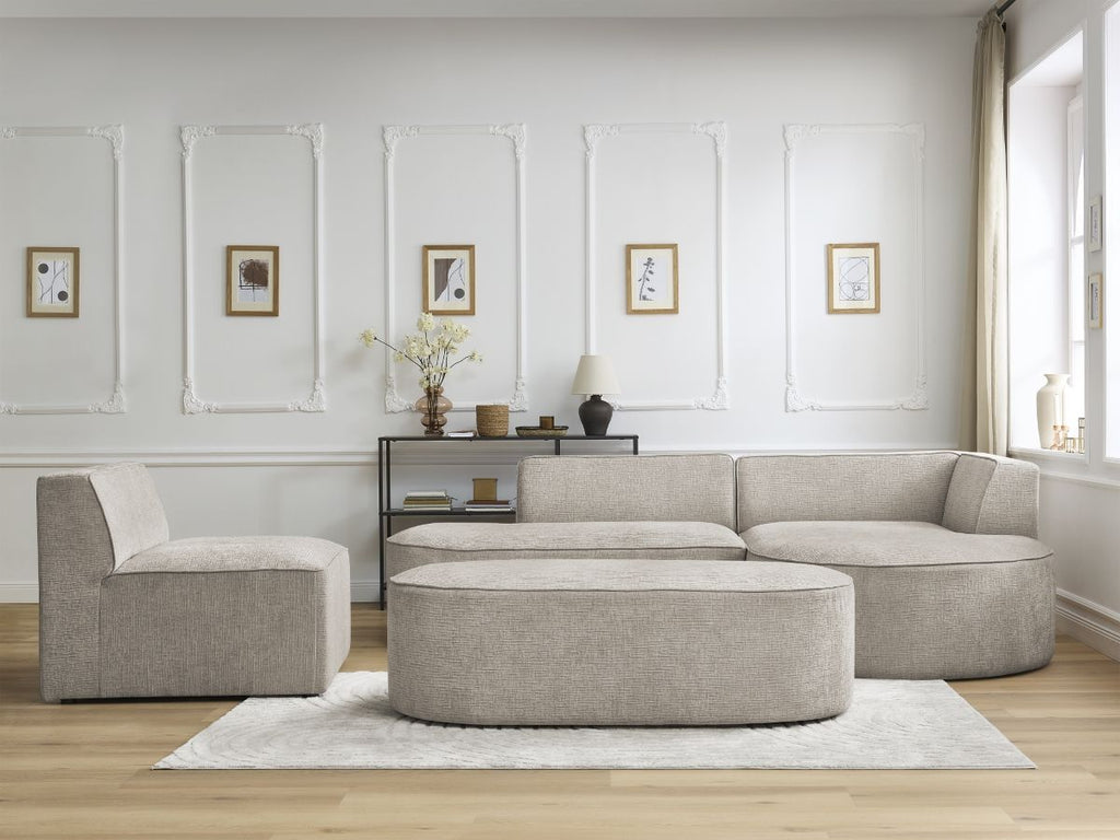 Canapé d'angle fixe modulable ROUSSEAU tissu texturé avec 1 chauffeuse et 1 pouf