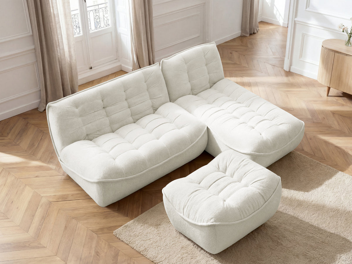 Canapé d'angle fixe modulable SERENA tissu chiné avec pouf