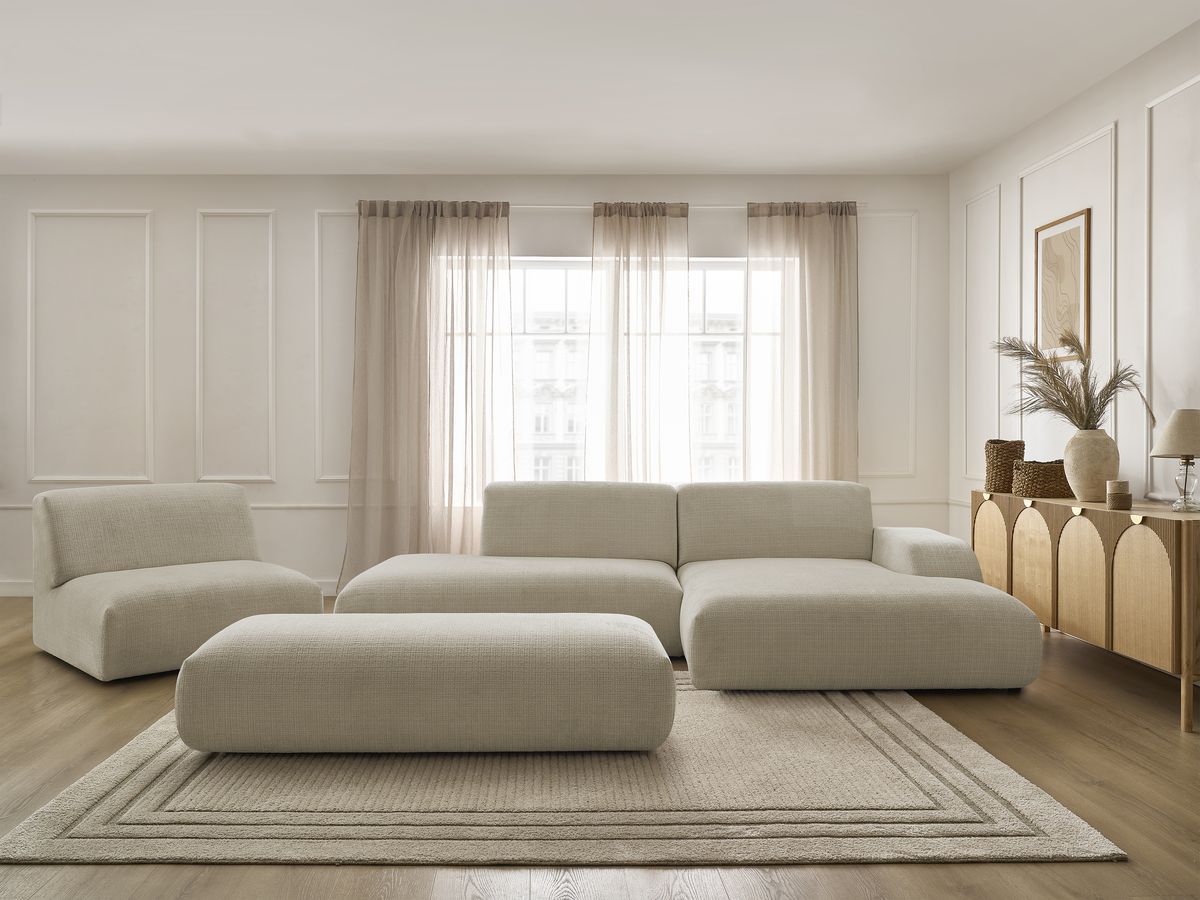 Canapé d'angle fixe modulable SIRIUS tissu texturé avec 1 chauffeuse et grand pouf