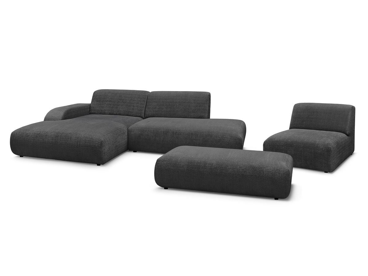 Canapé d'angle fixe modulable SIRIUS tissu texturé avec 1 chauffeuse et grand pouf