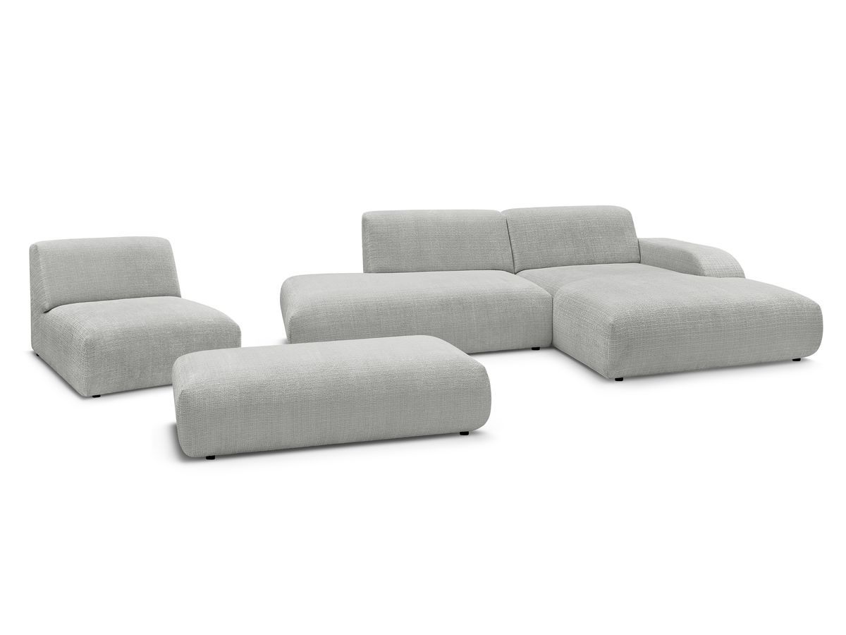 Canapé d'angle fixe modulable SIRIUS tissu texturé avec 1 chauffeuse et grand pouf