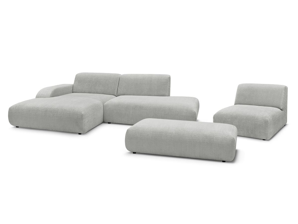 Canapé d'angle fixe modulable SIRIUS tissu texturé avec 1 chauffeuse et grand pouf