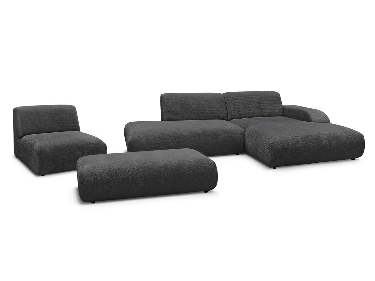 Canapé d'angle fixe modulable SIRIUS tissu texturé avec 1 chauffeuse et grand pouf