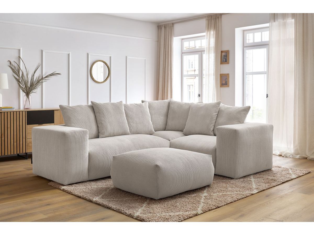 Canapé d'angle fixe modulable VOLTAIRE avec 1 chauffeuse 2 places, 1 angle, 1 chauffeuse 1 place et 1 pouf