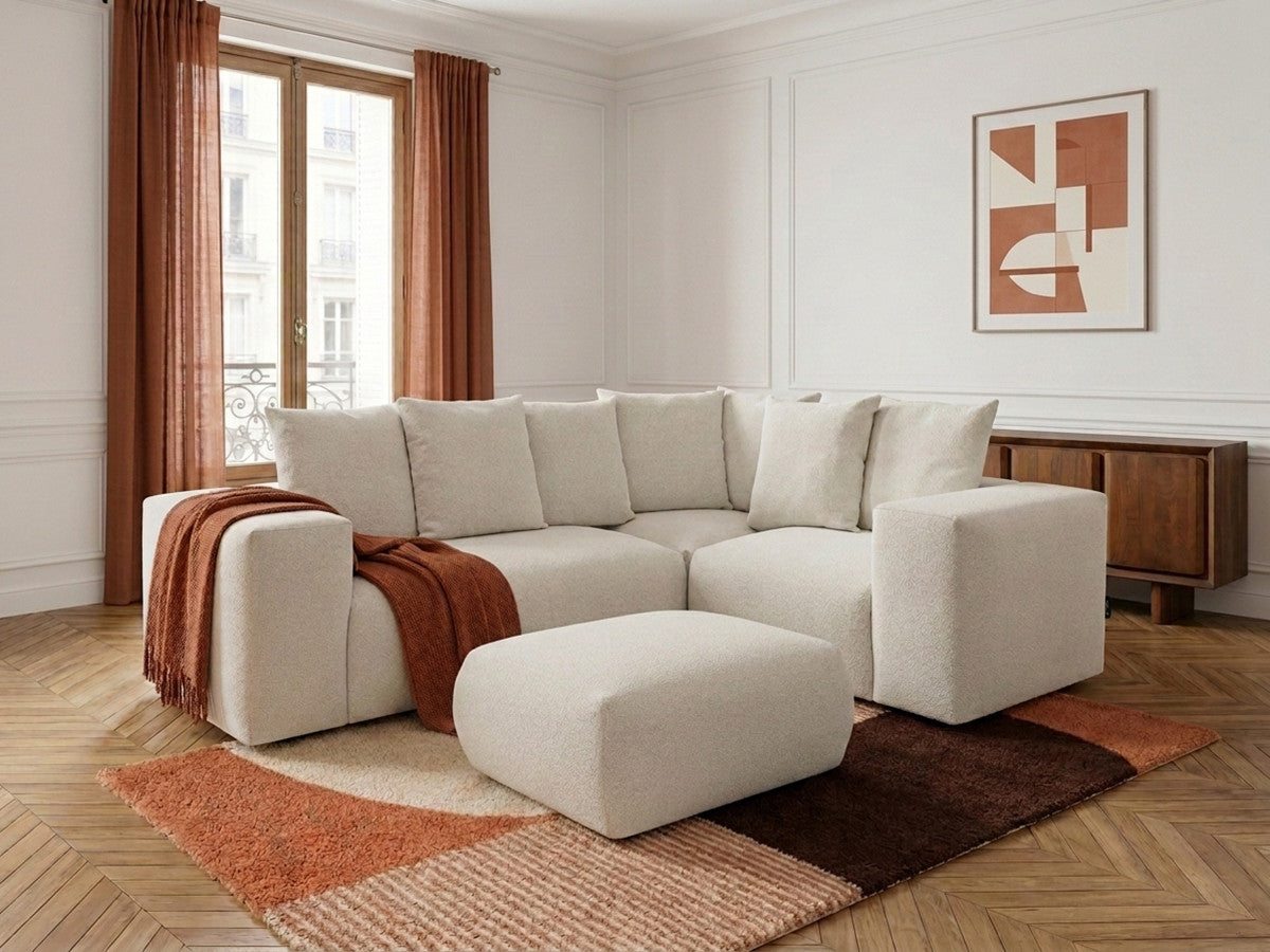 Canapé d'angle fixe modulable VOLTAIRE avec 1 chauffeuse 2 places, 1 angle et 1 chauffeuse 1 place tissu chiné avec pouf