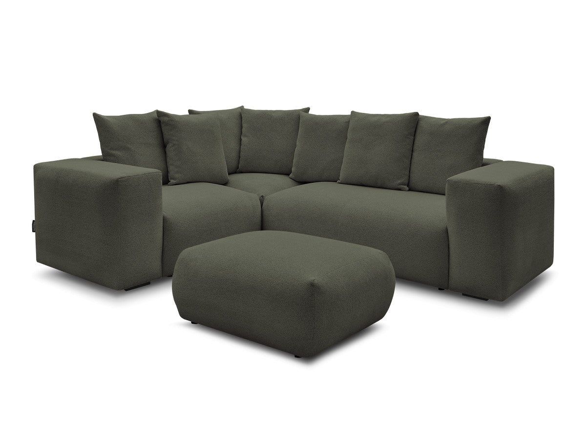 Canapé d'angle fixe modulable VOLTAIRE avec 1 chauffeuse 2 places, 1 angle et 1 chauffeuse 1 place tissu chiné avec pouf
