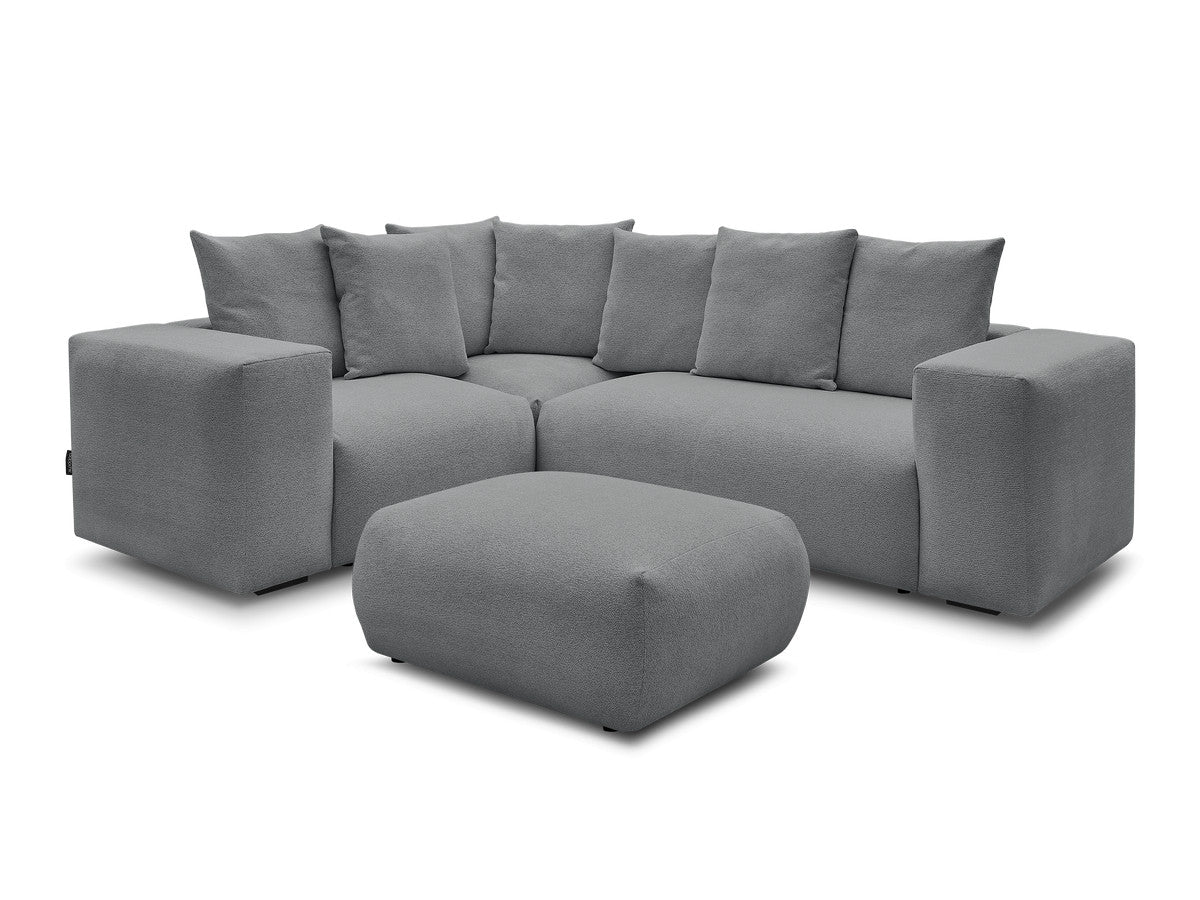 Canapé d'angle fixe modulable VOLTAIRE avec 1 chauffeuse 2 places, 1 angle et 1 chauffeuse 1 place tissu chiné avec pouf