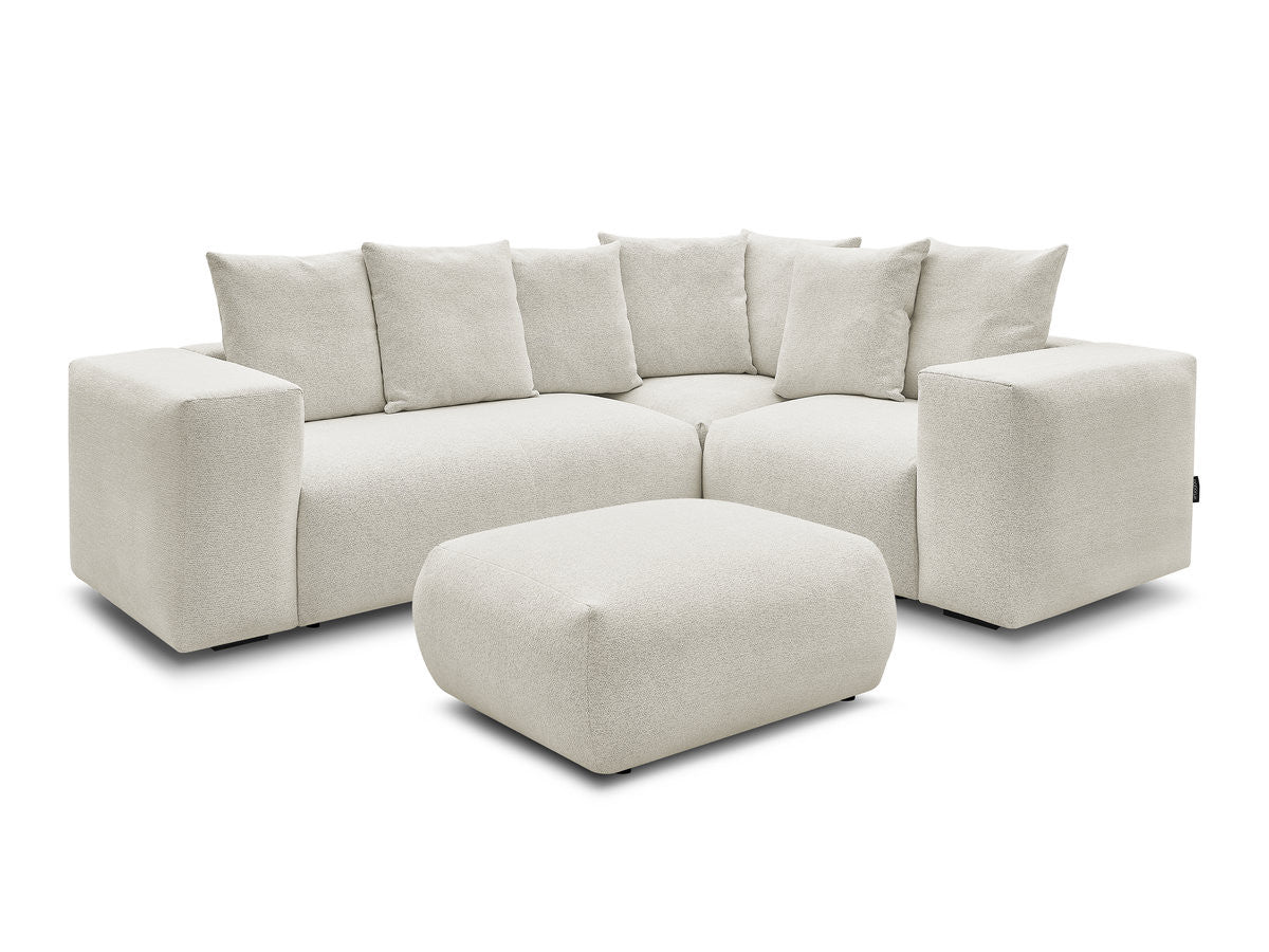 Canapé d'angle fixe modulable VOLTAIRE avec 1 chauffeuse 2 places, 1 angle et 1 chauffeuse 1 place tissu chiné avec pouf