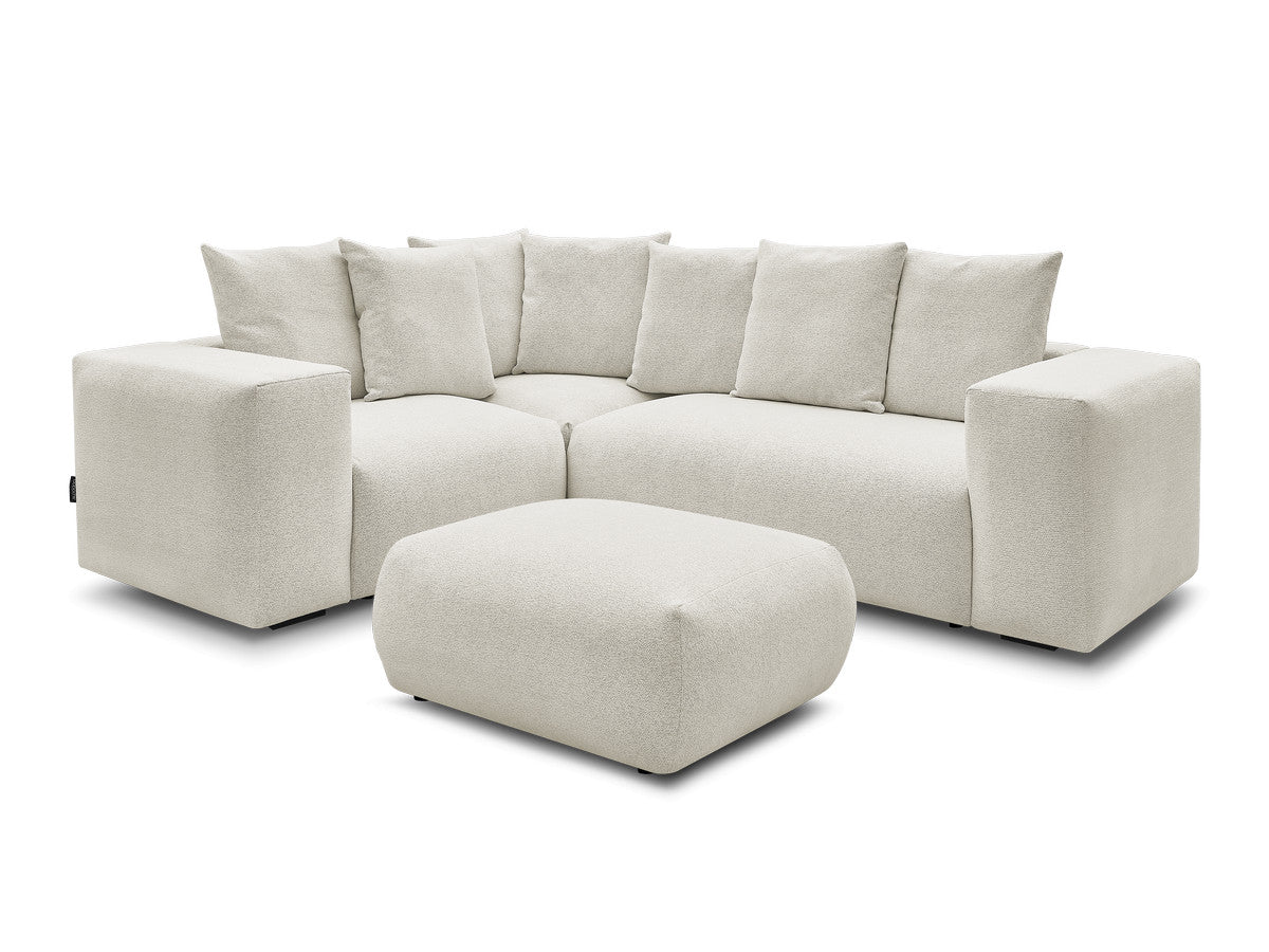 Canapé d'angle fixe modulable VOLTAIRE avec 1 chauffeuse 2 places, 1 angle et 1 chauffeuse 1 place tissu chiné avec pouf