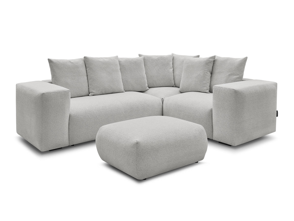 Canapé d'angle fixe modulable VOLTAIRE avec 1 chauffeuse 2 places, 1 angle et 1 chauffeuse 1 place tissu chiné avec pouf