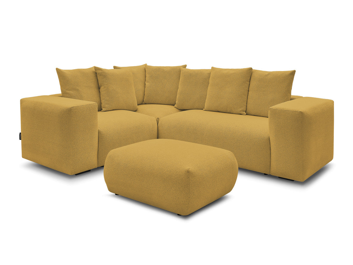 Canapé d'angle fixe modulable VOLTAIRE avec 1 chauffeuse 2 places, 1 angle et 1 chauffeuse 1 place tissu chiné avec pouf