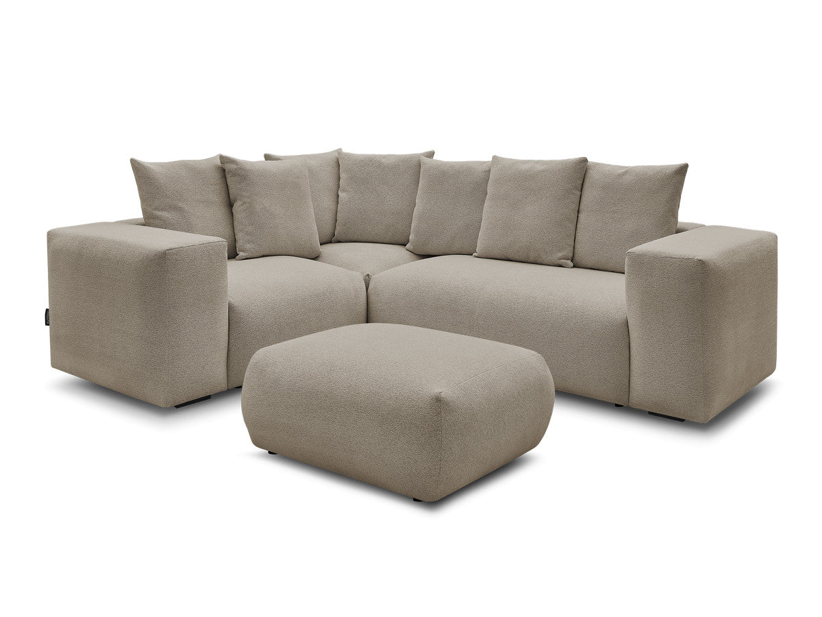 Canapé d'angle fixe modulable VOLTAIRE avec 1 chauffeuse 2 places, 1 angle et 1 chauffeuse 1 place tissu chiné avec pouf