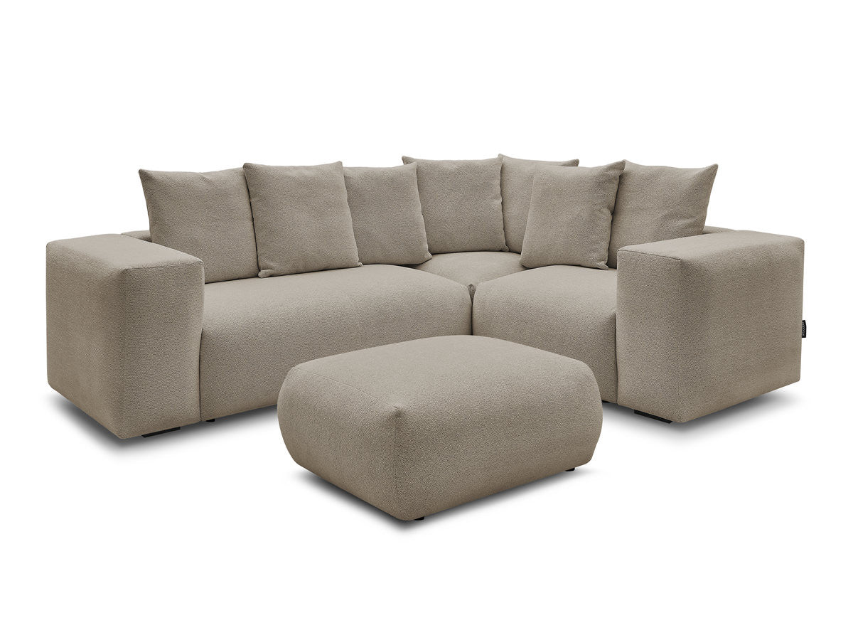 Canapé d'angle fixe modulable VOLTAIRE avec 1 chauffeuse 2 places, 1 angle et 1 chauffeuse 1 place tissu chiné avec pouf