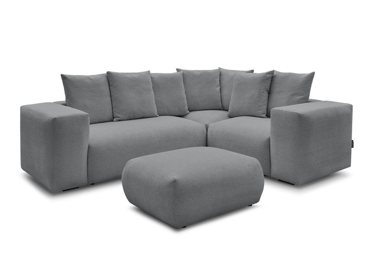 Canapé d'angle fixe modulable VOLTAIRE avec 1 chauffeuse 2 places, 1 angle et 1 chauffeuse 1 place tissu chiné avec pouf
