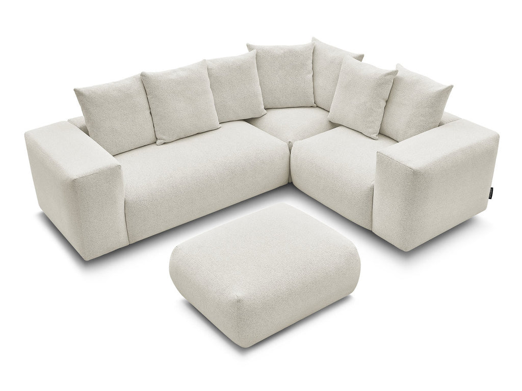 Canapé d'angle fixe modulable VOLTAIRE avec 1 chauffeuse 2 places, 1 angle et 1 chauffeuse 1 place tissu chiné avec pouf