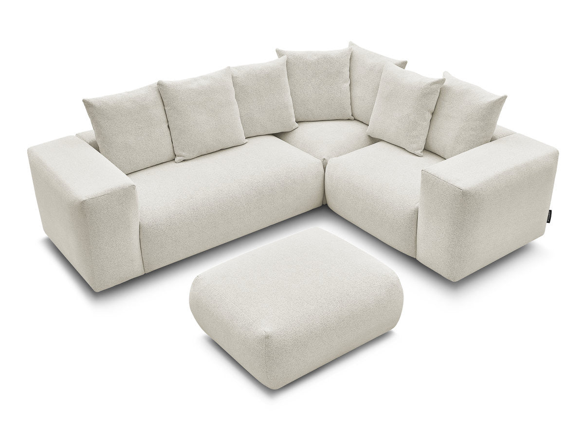 Canapé d'angle fixe modulable VOLTAIRE avec 1 chauffeuse 2 places, 1 angle et 1 chauffeuse 1 place tissu chiné avec pouf