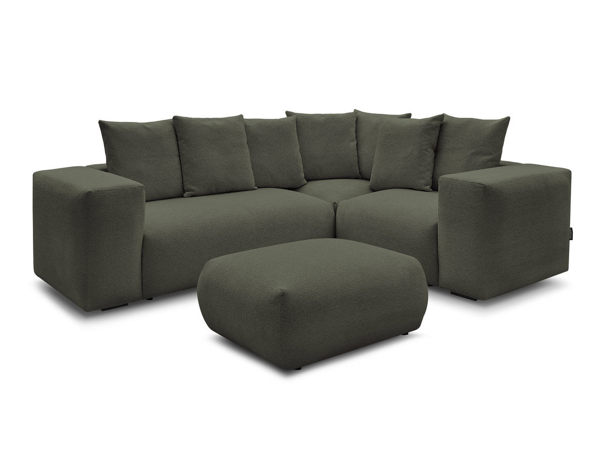 Canapé d'angle fixe modulable VOLTAIRE avec 1 chauffeuse 2 places, 1 angle et 1 chauffeuse 1 place tissu chiné avec pouf