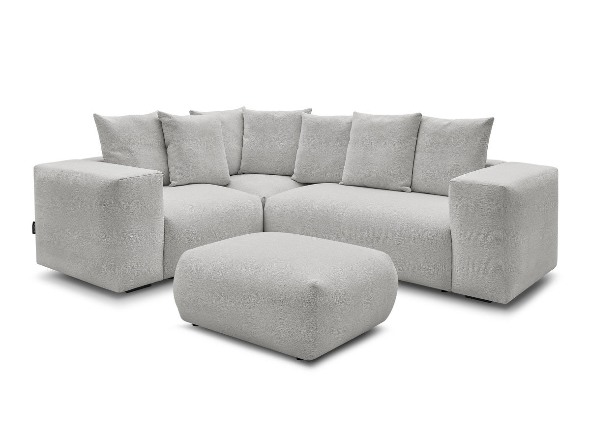 Canapé d'angle fixe modulable VOLTAIRE avec 1 chauffeuse 2 places, 1 angle et 1 chauffeuse 1 place tissu chiné avec pouf