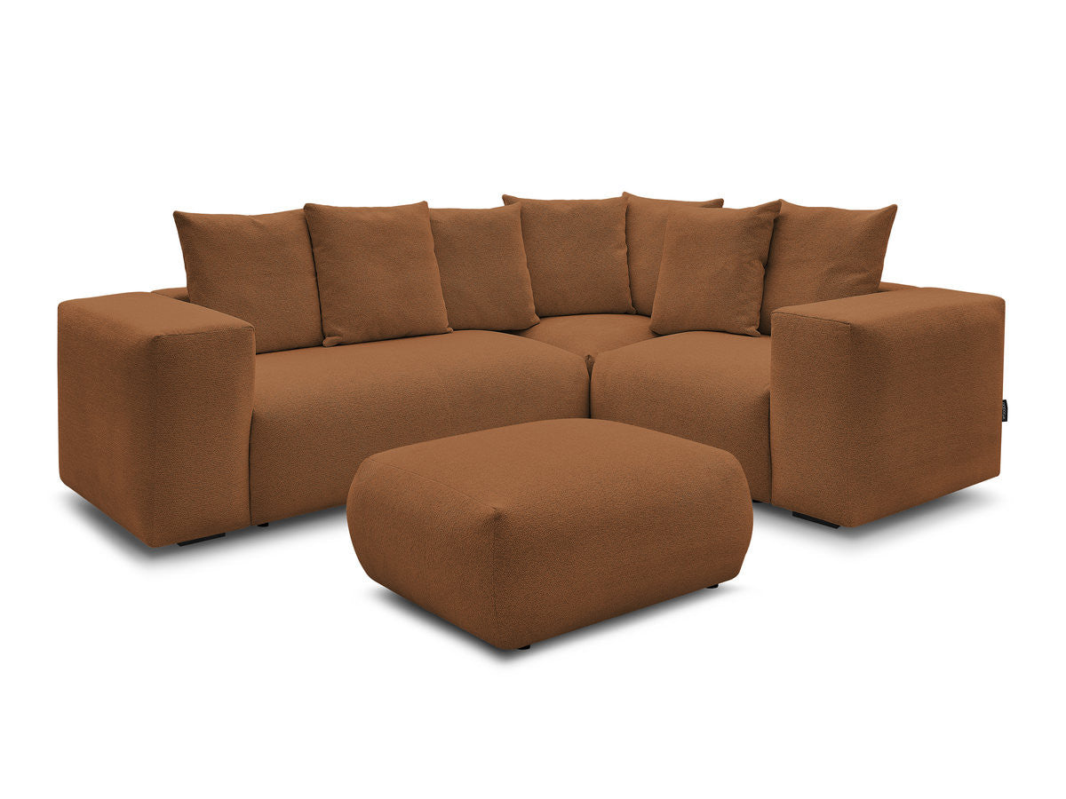 Canapé d'angle fixe modulable VOLTAIRE avec 1 chauffeuse 2 places, 1 angle et 1 chauffeuse 1 place tissu chiné avec pouf
