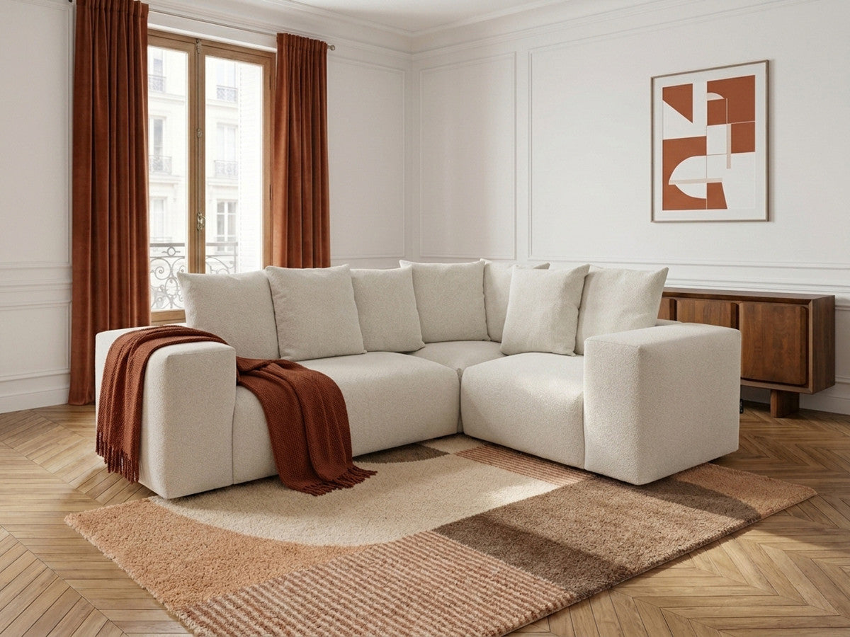 Canapé d'angle fixe modulable VOLTAIRE avec 1 chauffeuse 2 places, 1 angle et 1 chauffeuse 1 place tissu chiné