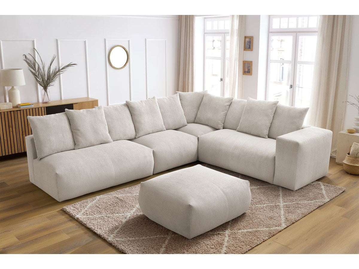 Canapé d'angle fixe modulable VOLTAIRE avec 2 chauffeuses 2 places, 1 angle, 1 chauffeuse 1 place et 1 pouf