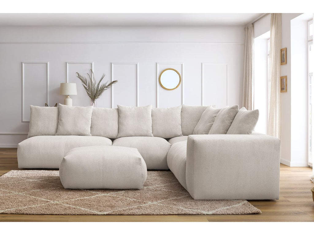 Canapé d'angle fixe modulable VOLTAIRE avec 2 chauffeuses 2 places, 1 angle, 1 chauffeuse 1 place et 1 pouf