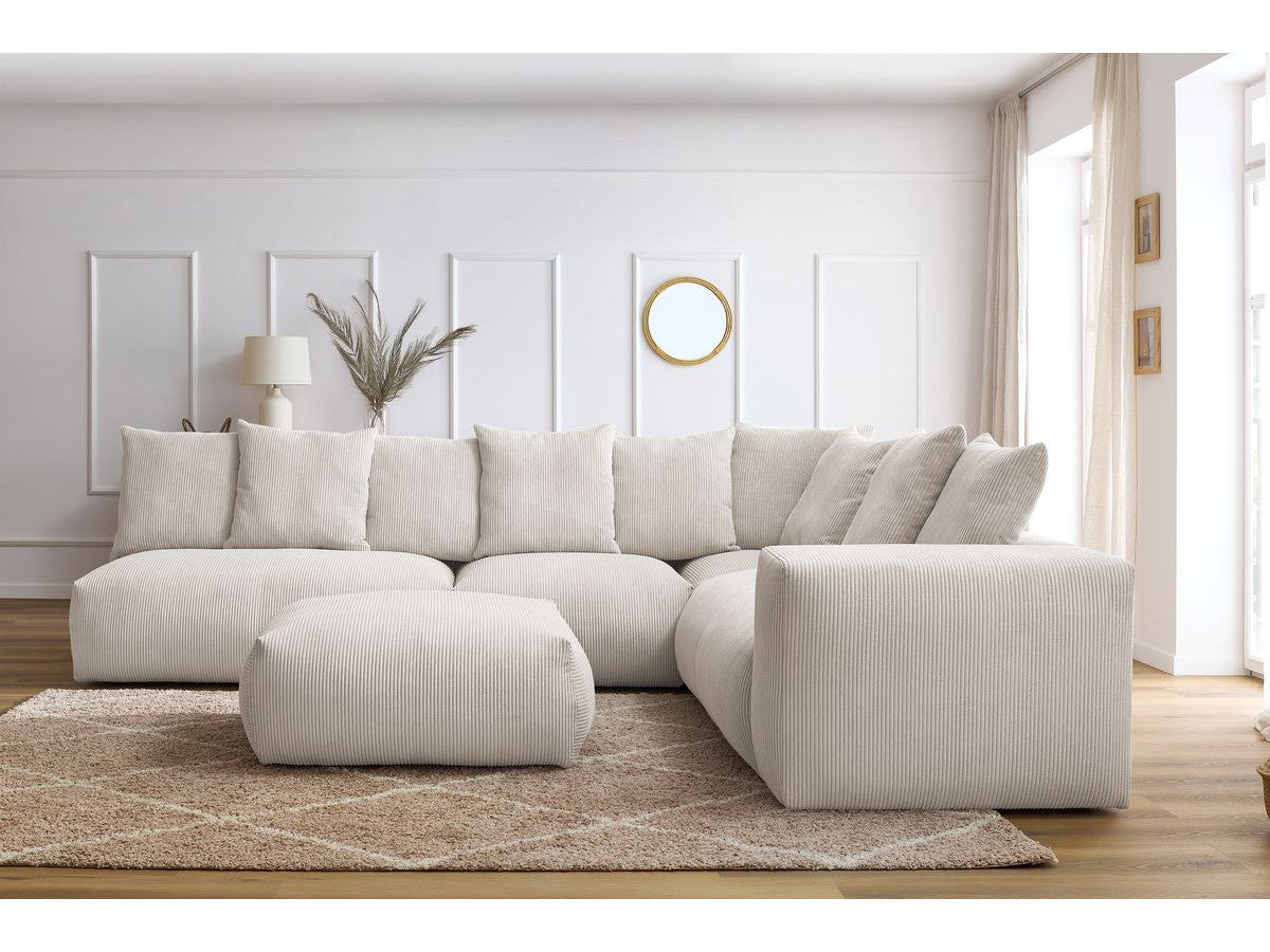 Canapé d'angle fixe modulable VOLTAIRE avec 2 chauffeuses 2 places, 1 angle, 1 chauffeuse 1 place et 1 pouf