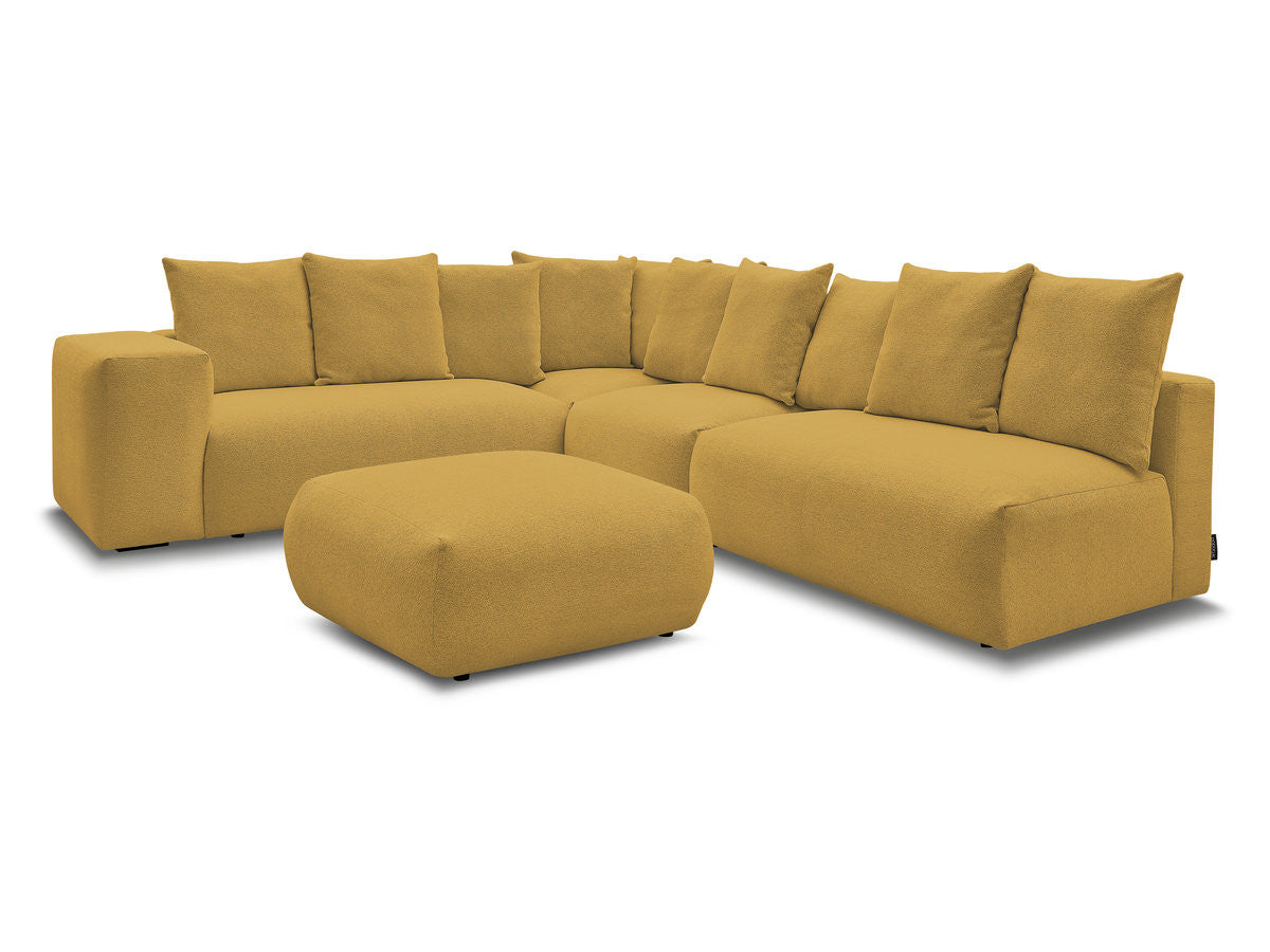 Canapé d'angle fixe modulable VOLTAIRE avec 2 chauffeuses 2 places, 1 angle et 1 chauffeuse 1 place tissu chiné avec pouf