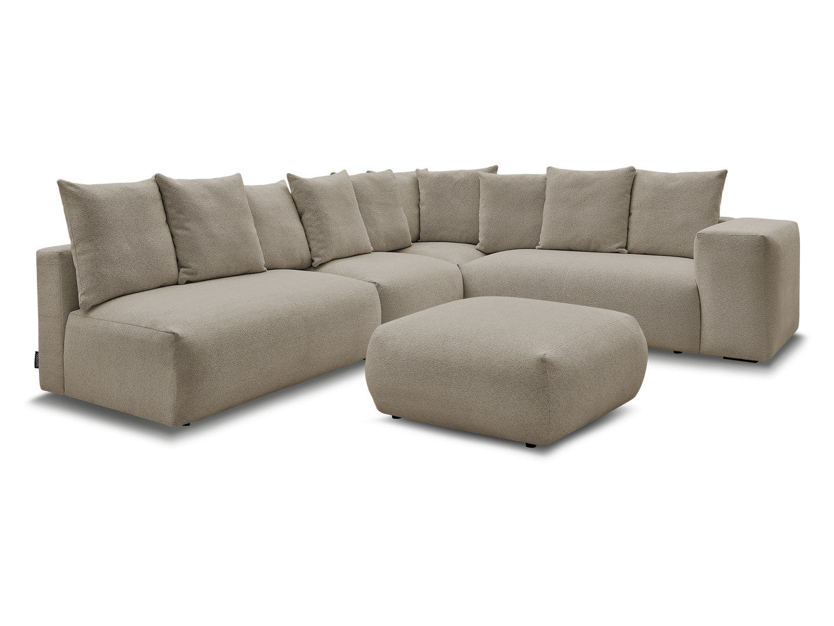 Canapé d'angle fixe modulable VOLTAIRE avec 2 chauffeuses 2 places, 1 angle et 1 chauffeuse 1 place tissu chiné avec pouf