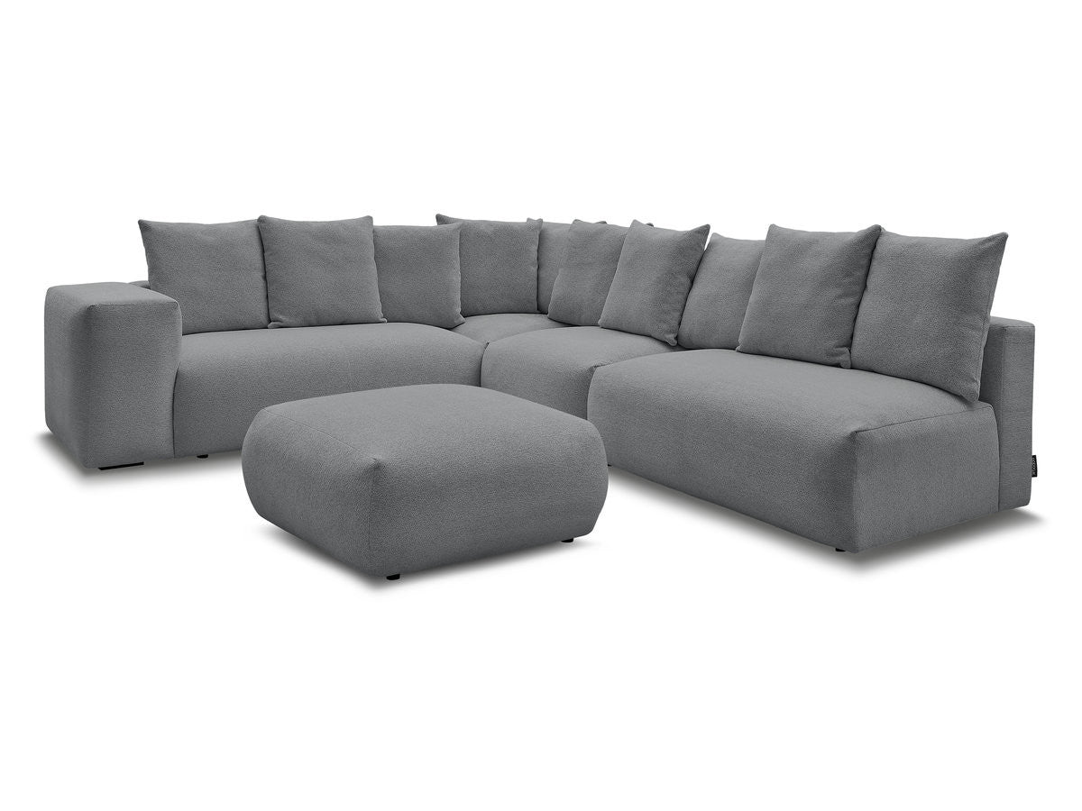 Canapé d'angle fixe modulable VOLTAIRE avec 2 chauffeuses 2 places, 1 angle et 1 chauffeuse 1 place tissu chiné avec pouf