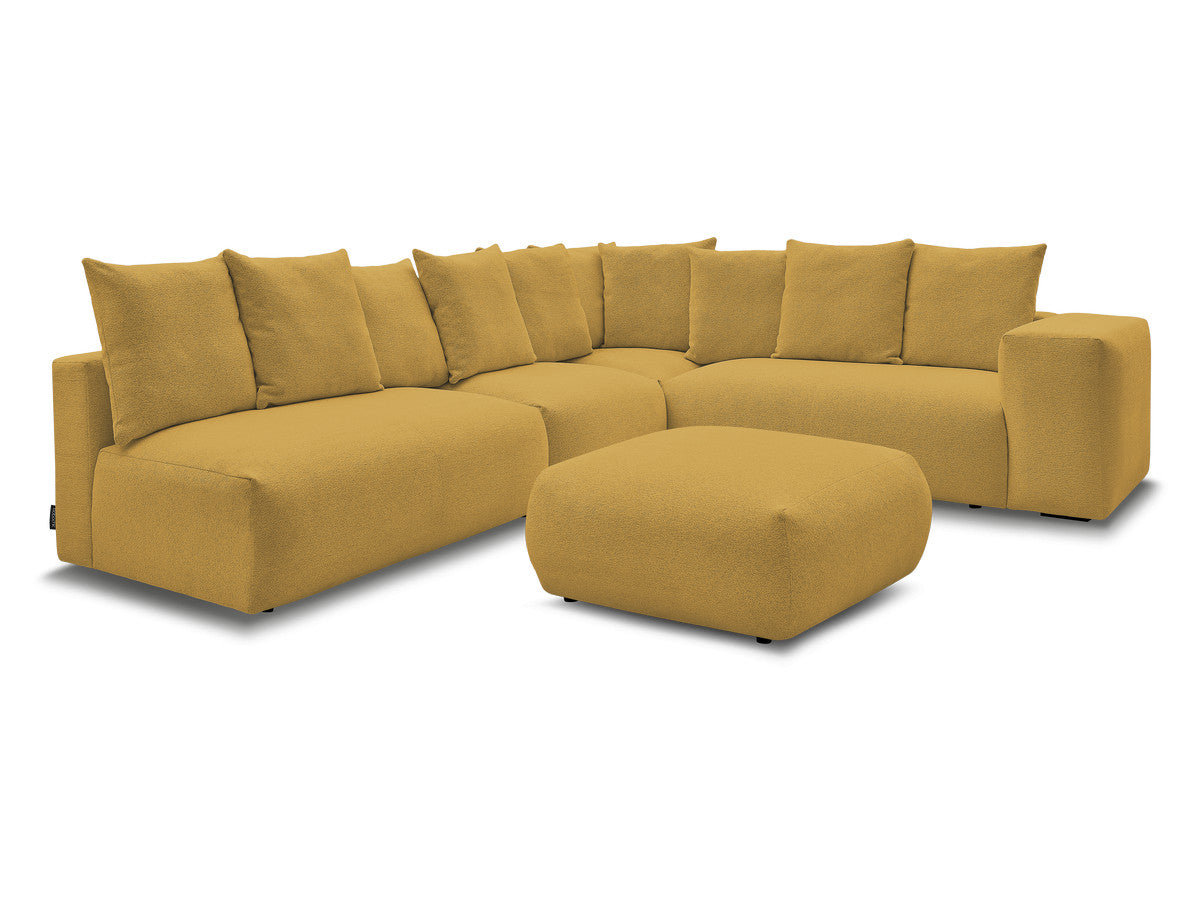 Canapé d'angle fixe modulable VOLTAIRE avec 2 chauffeuses 2 places, 1 angle et 1 chauffeuse 1 place tissu chiné avec pouf