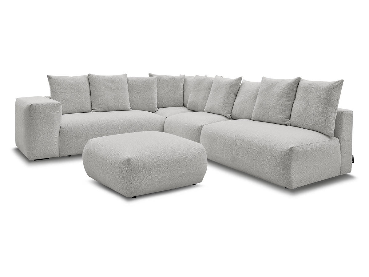 Canapé d'angle fixe modulable VOLTAIRE avec 2 chauffeuses 2 places, 1 angle et 1 chauffeuse 1 place tissu chiné avec pouf