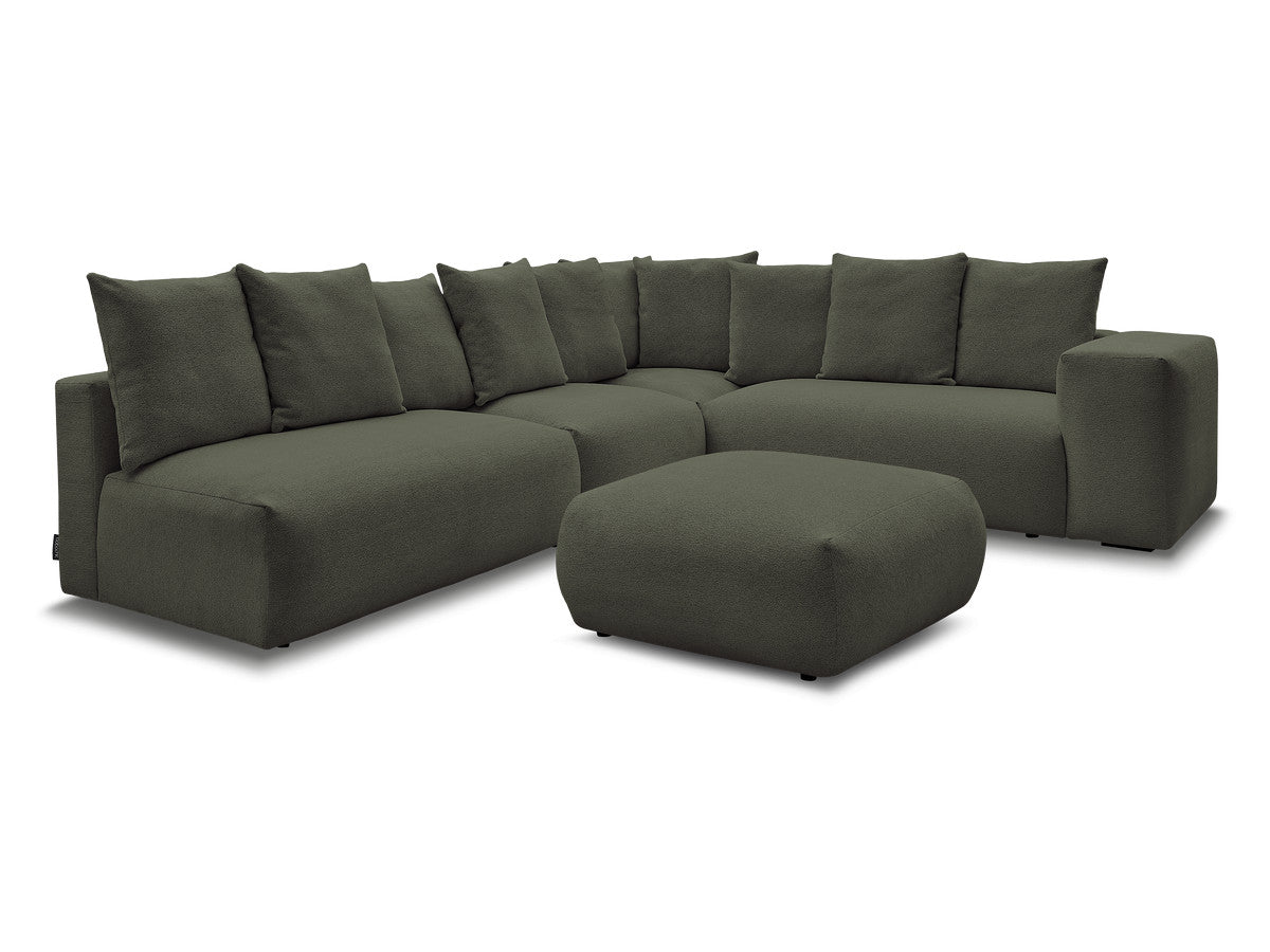 Canapé d'angle fixe modulable VOLTAIRE avec 2 chauffeuses 2 places, 1 angle et 1 chauffeuse 1 place tissu chiné avec pouf