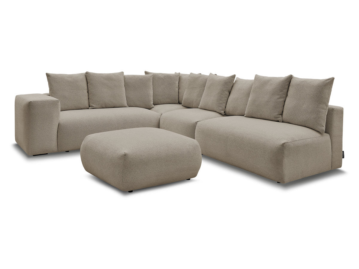 Canapé d'angle fixe modulable VOLTAIRE avec 2 chauffeuses 2 places, 1 angle et 1 chauffeuse 1 place tissu chiné avec pouf