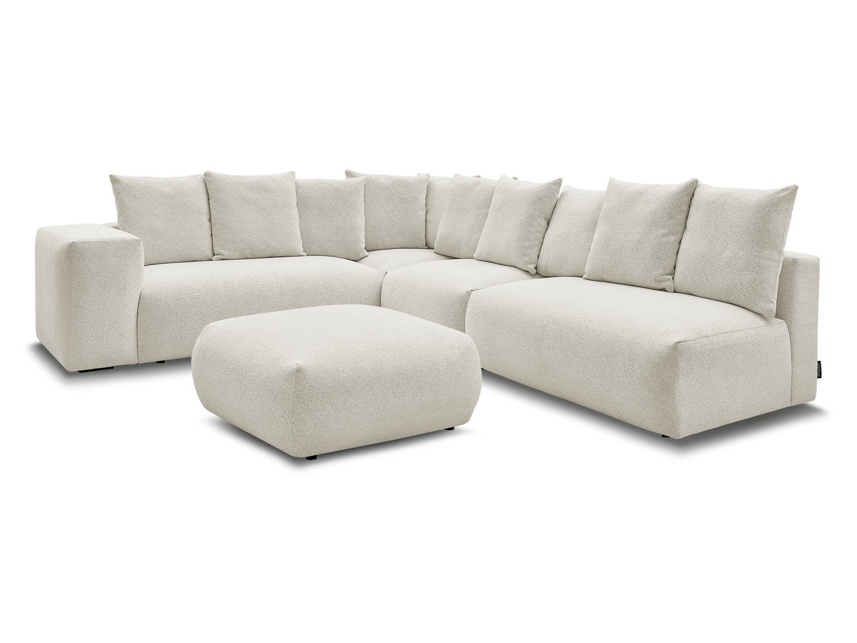 Canapé d'angle fixe modulable VOLTAIRE avec 2 chauffeuses 2 places, 1 angle et 1 chauffeuse 1 place tissu chiné avec pouf