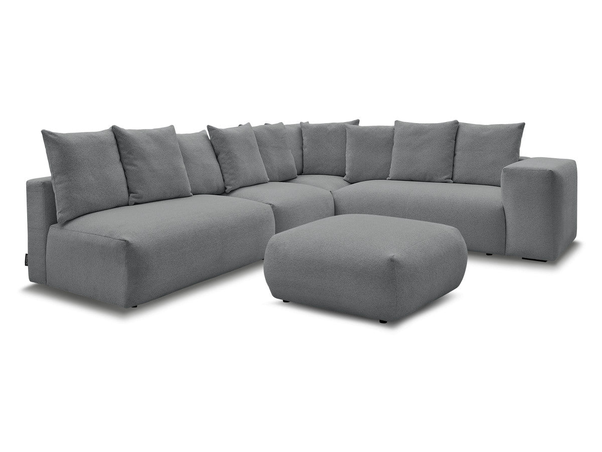 Canapé d'angle fixe modulable VOLTAIRE avec 2 chauffeuses 2 places, 1 angle et 1 chauffeuse 1 place tissu chiné avec pouf