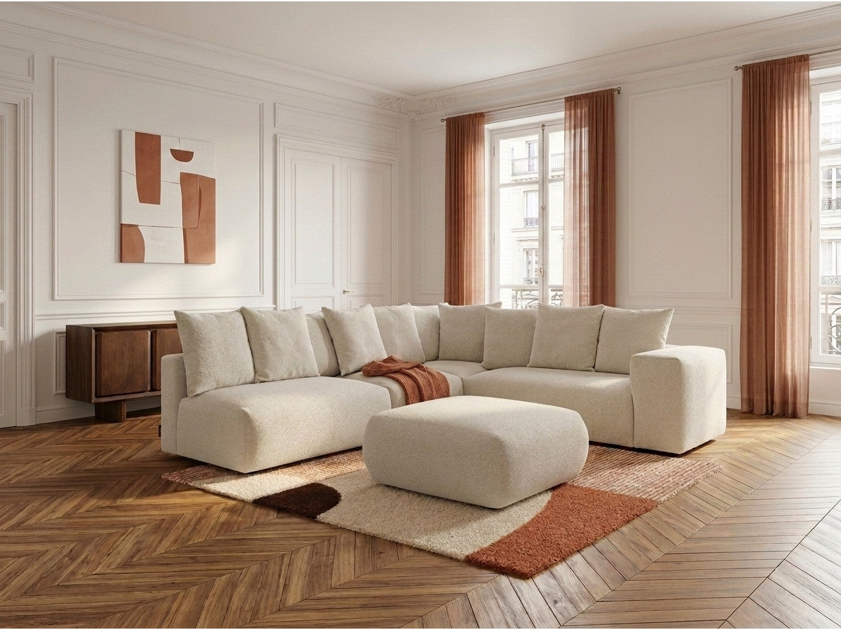 Canapé d'angle fixe modulable VOLTAIRE avec 2 chauffeuses 2 places, 1 angle et 1 chauffeuse 1 place tissu chiné avec pou