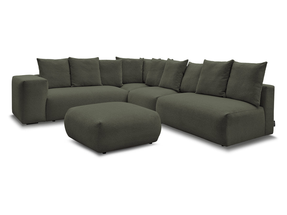 Canapé d'angle fixe modulable VOLTAIRE avec 2 chauffeuses 2 places, 1 angle et 1 chauffeuse 1 place tissu chiné avec pouf