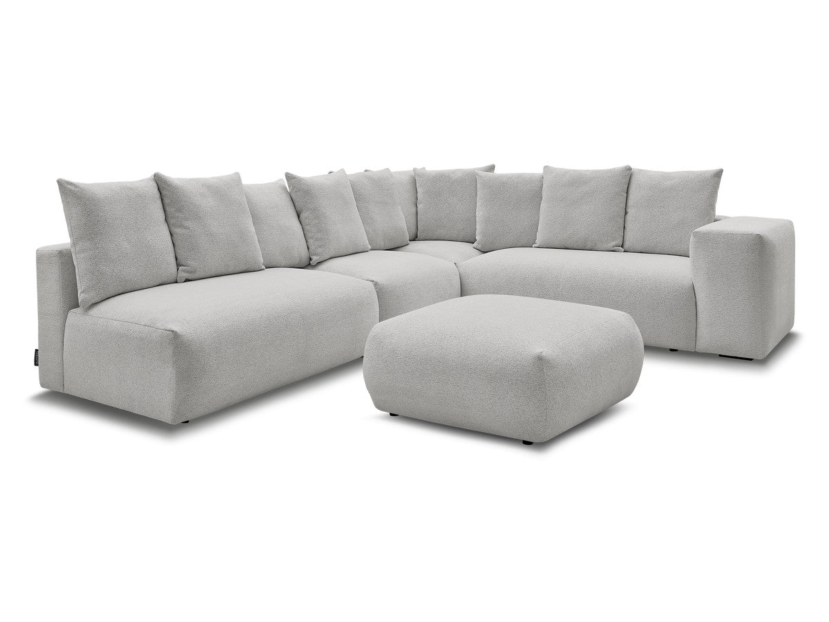 Canapé d'angle fixe modulable VOLTAIRE avec 2 chauffeuses 2 places, 1 angle et 1 chauffeuse 1 place tissu chiné avec pouf