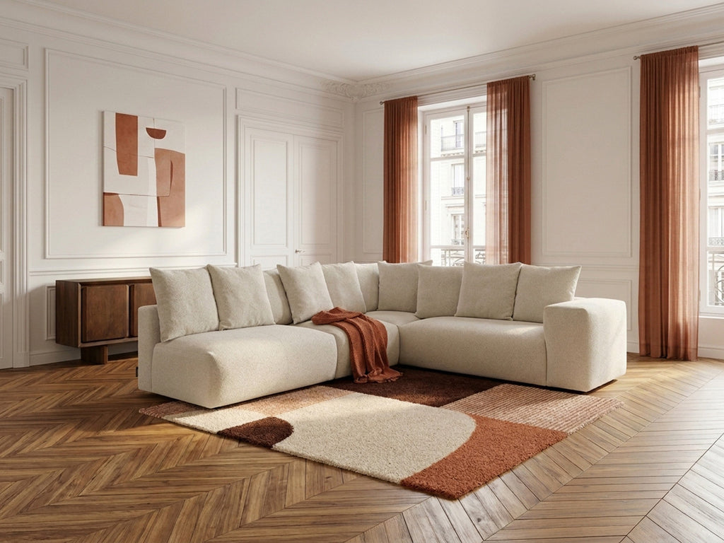 Canapé d'angle fixe modulable VOLTAIRE avec 2 chauffeuses 2 places, 1 angle et 1 chauffeuse 1 place tissu chiné