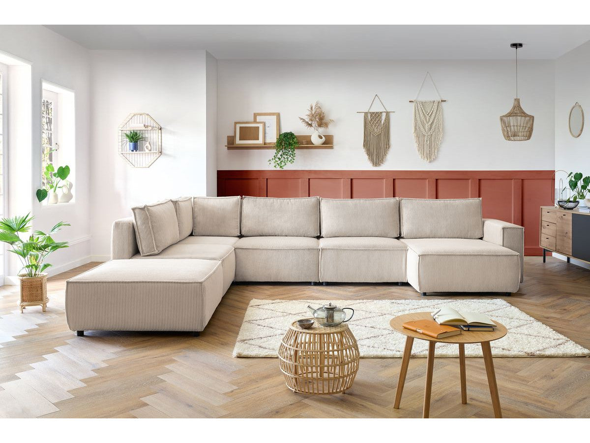 Canapé d'angle fixe modulable XL NIHAD tissu velours côtelé avec pouf