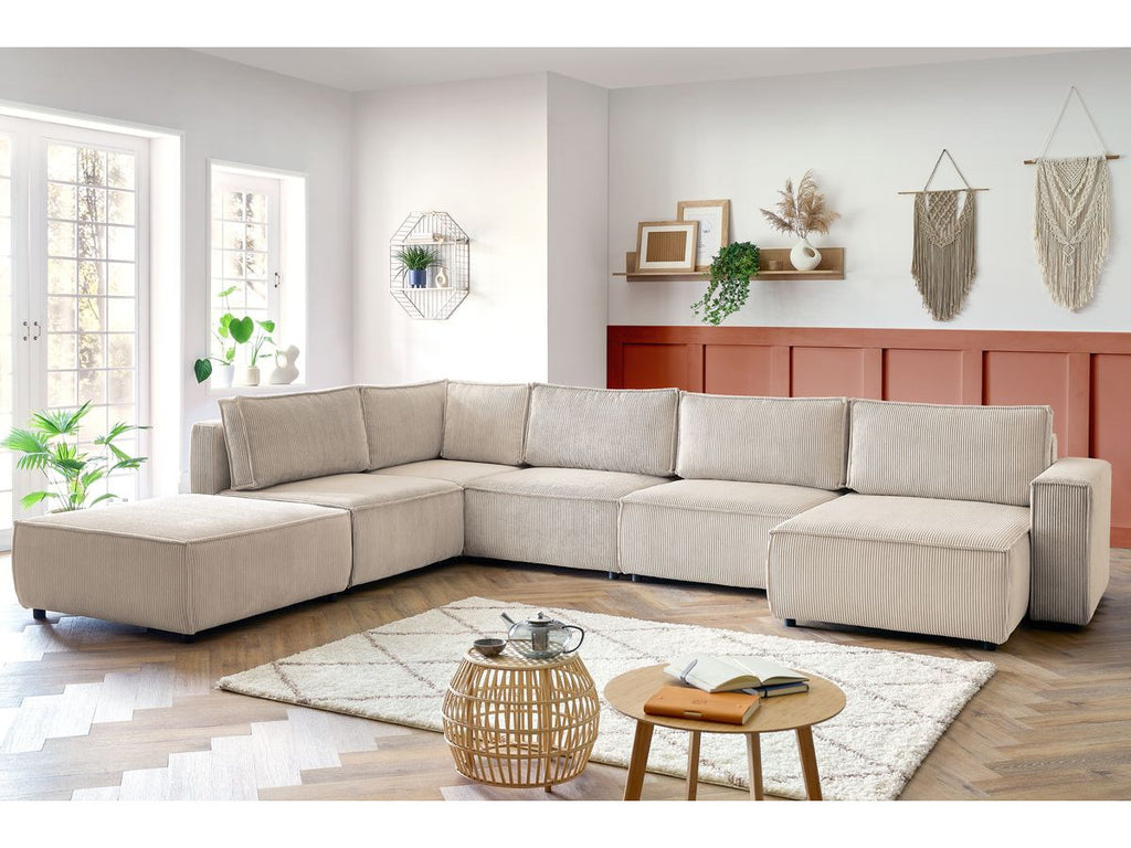 Canapé d'angle fixe modulable XL NIHAD tissu velours côtelé avec pouf