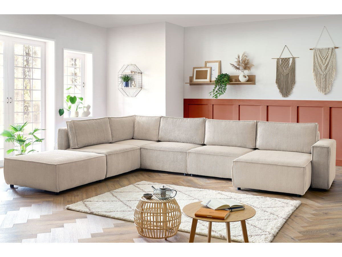 Canapé d'angle fixe modulable XL NIHAD tissu velours côtelé avec pouf
