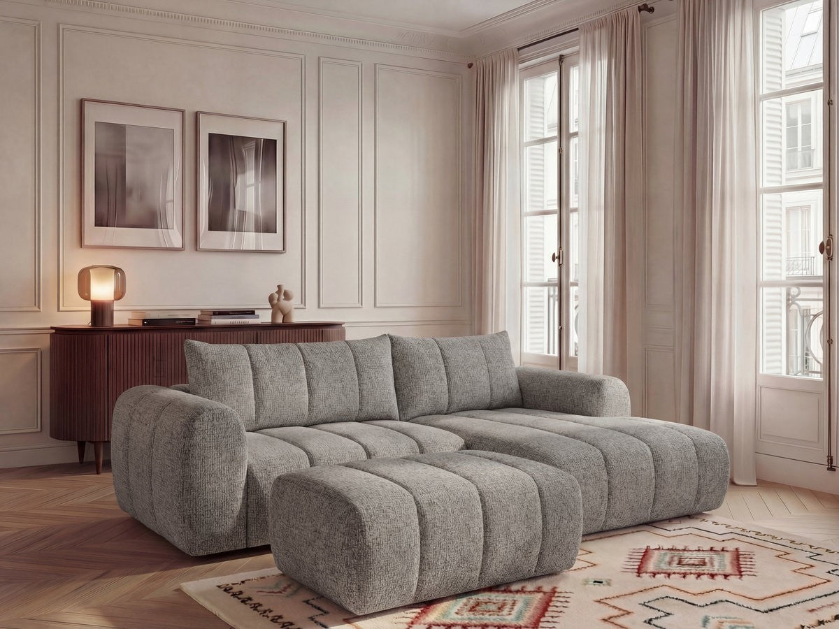 Canapé d'angle fixe NESTY tissu chiné avec pouf
