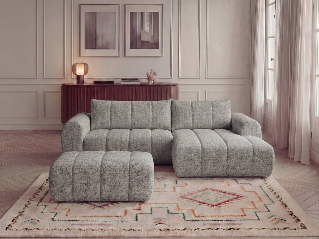 Canapé d'angle fixe NESTY tissu chiné avec pouf