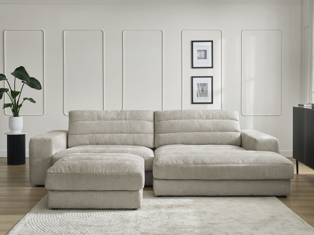 Canapé d'angle fixe SIERRA tissu texturé avec pouf