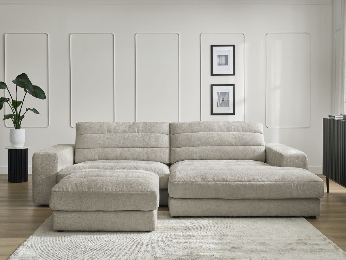 Canapé d'angle fixe SIERRA tissu texturé avec pouf