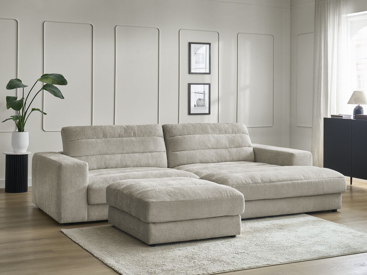 Canapé d'angle fixe SIERRA tissu texturé avec pouf