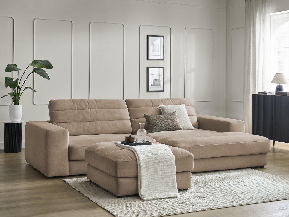 Canapé d'angle fixe SIERRA velours avec pouf
