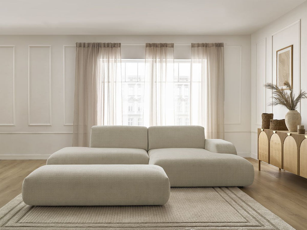 Canapé d'angle fixe SIRIUS tissu texturé avec grand pouf